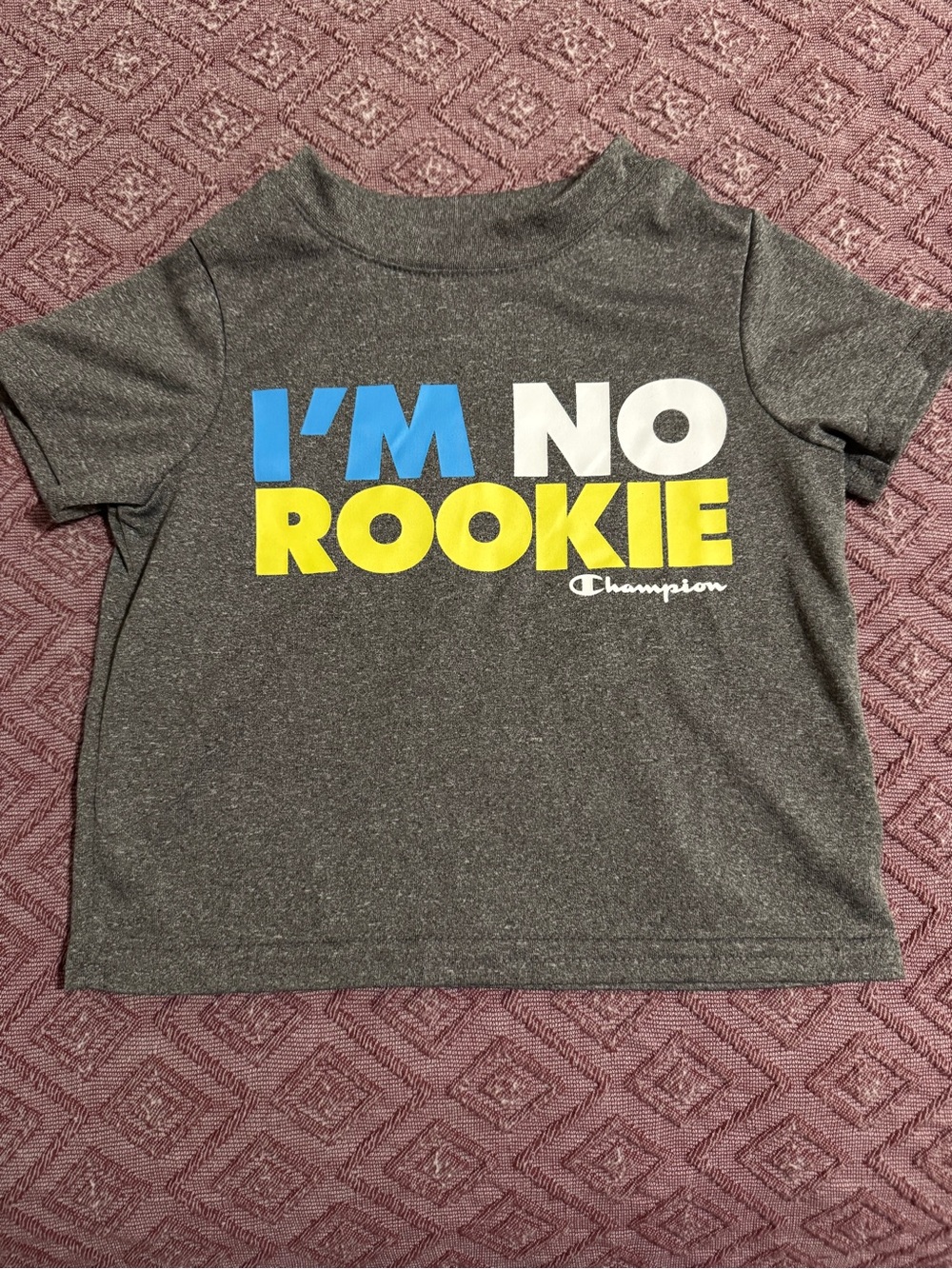 Champion Gray Tee with Blue, White & Yellow 'I'M NO ROOKIE' Graphic Size 18 Mths